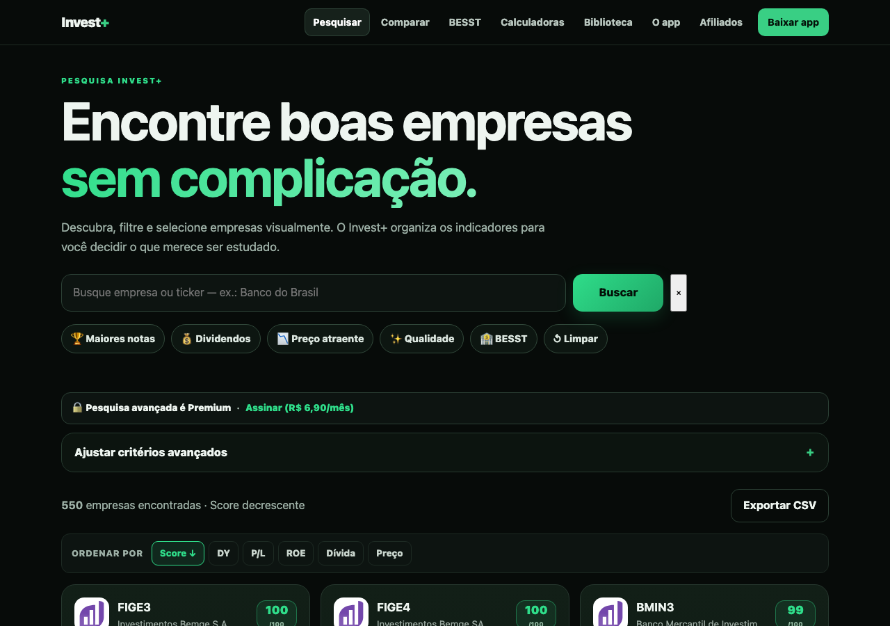 Screener — 550 empresas com Score