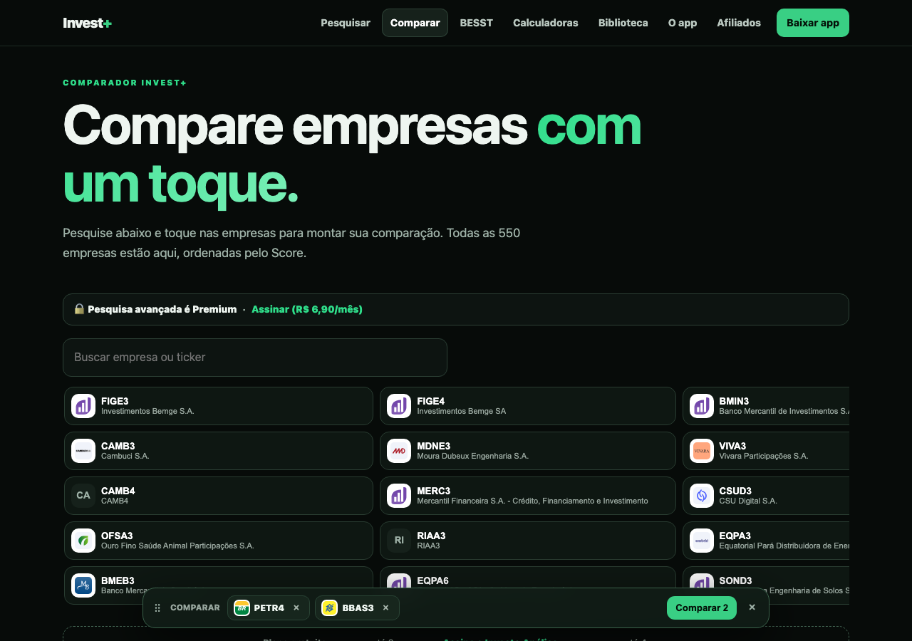 Comparador — até 4 ações lado a lado